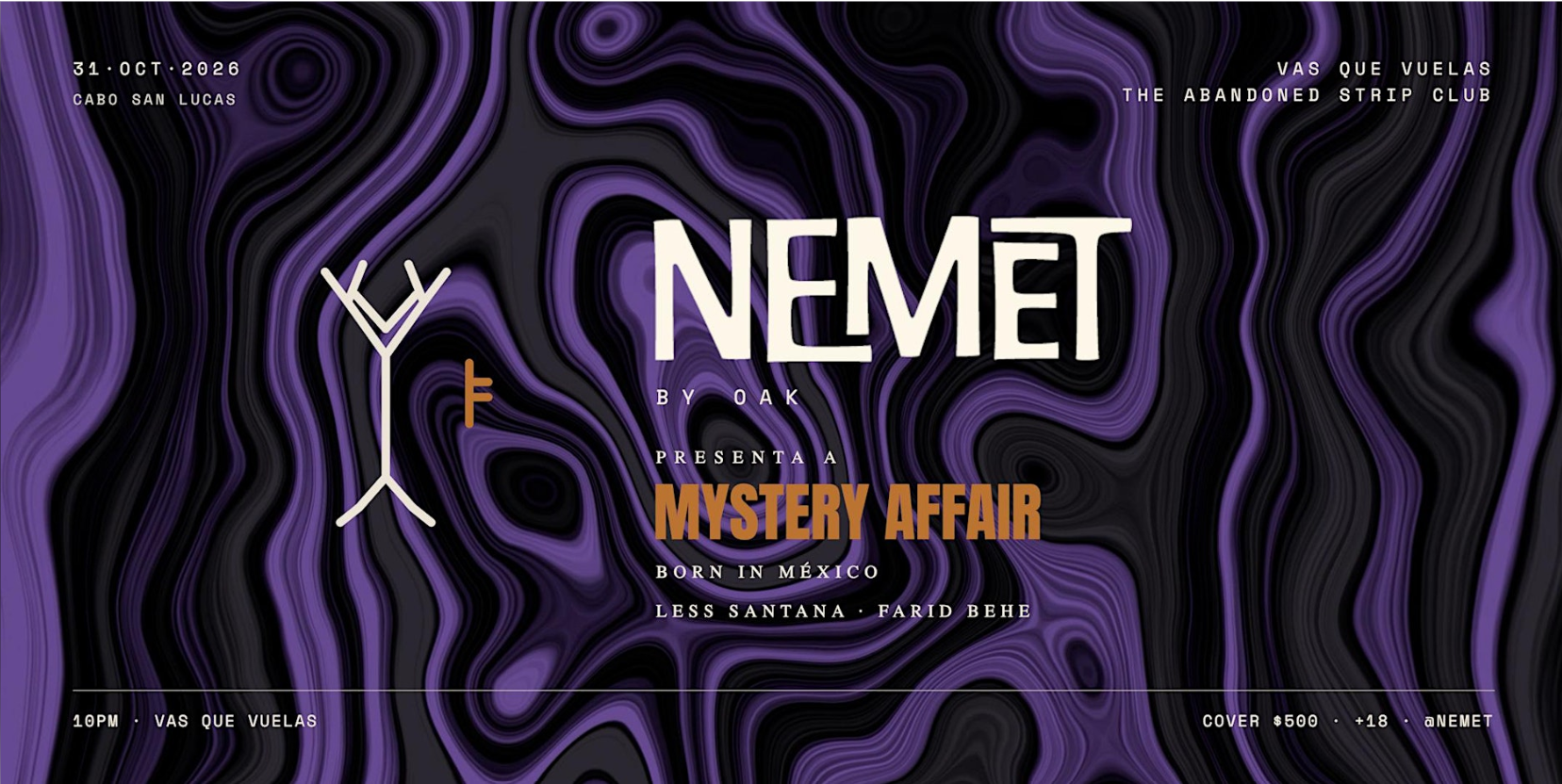 Poster for a music/event night with swirling purple and black patterns; bold white 'NEMET' title and orange 'MYSTERY AFFAIR' subtitle; date and venue details at corners.