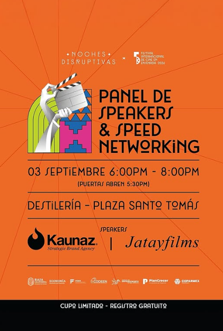 Screenshot 2026-08-27 211214 Event poster for Panel de Speakers & Speed Networking on Sept 3, 6–8 PM at Dietlería Plaza Santo Tomás; Kaunaz and Jatayfilms are speakers.