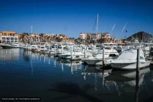 Marina filled with white yachts tied to docks, calm blue water reflecting the boats and distant buildings.