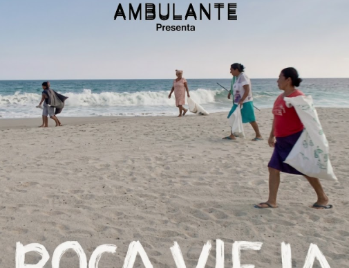 Film poster for Boca Vieja, presented by Ambulante, showing four people walking on a sunny beach with the ocean in the background; numerous festival logos line the top and screening details appear at the bottom.