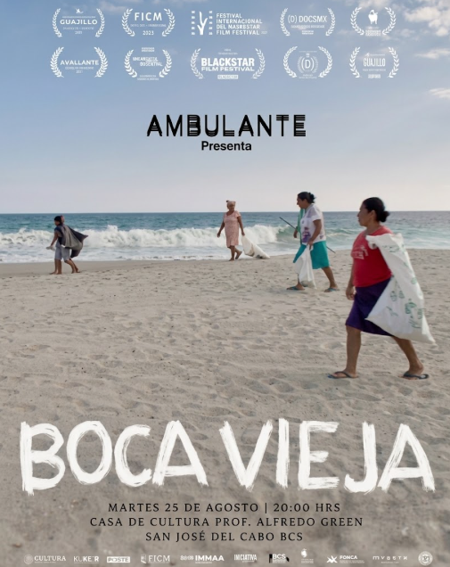 Film poster for Boca Vieja, presented by Ambulante, showing four people walking on a sunny beach with the ocean in the background; numerous festival logos line the top and screening details appear at the bottom.