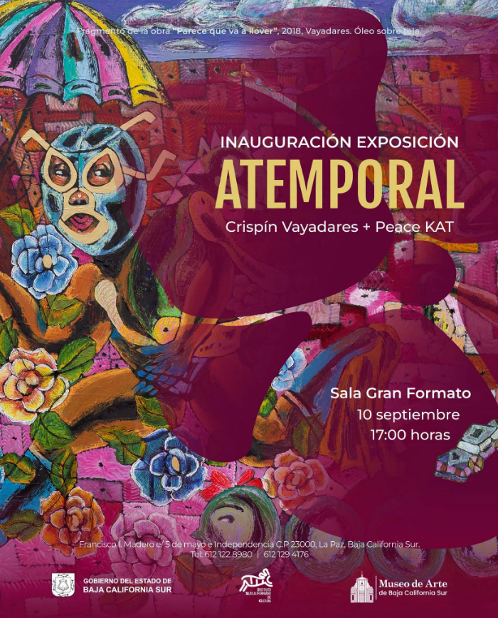 Poster for the inaugural exhibition 'Atemporal' by Crispín Vayadares + Peace KAT, with colorful abstract painting background and event details (Sala Gran Formato, 10 Sept, 17:00).