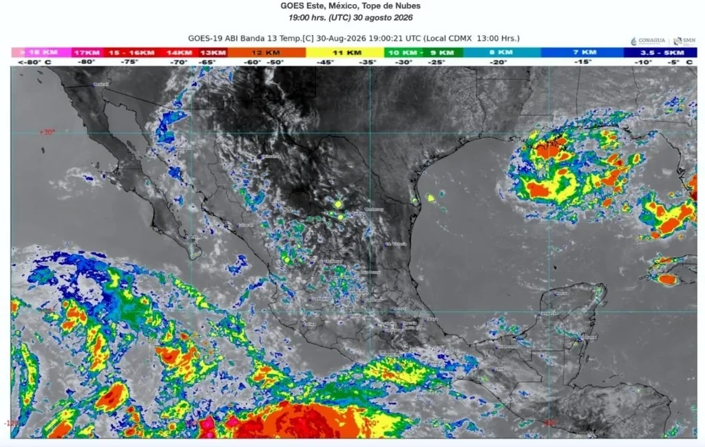 GOES weather map over Mexico and surrounding seas showing cloud cover and precipitation; strong storms in the Gulf of Mexico and off the Pacific coast. Timestamp 30 Aug 2026 19:00 UTC.