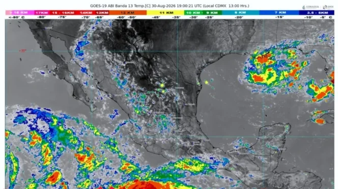GOES weather map over Mexico and surrounding seas showing cloud cover and precipitation; strong storms in the Gulf of Mexico and off the Pacific coast. Timestamp 30 Aug 2026 19:00 UTC.