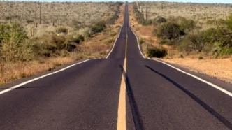 Paved desert highway extending straight into the horizon, flanked by scrubby vegetation and low hills.