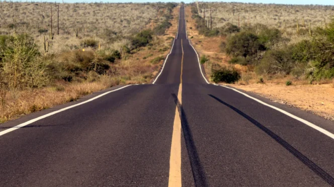 Paved desert highway extending straight into the horizon, flanked by scrubby vegetation and low hills.