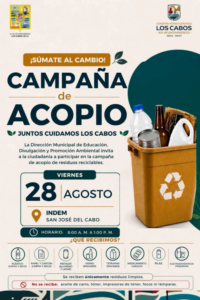 campaña de acopio Poster promoting a waste collection campaign: '¡Súmate al cambio! Campaña de acopio' with a recycling bin and logos at the top corners.