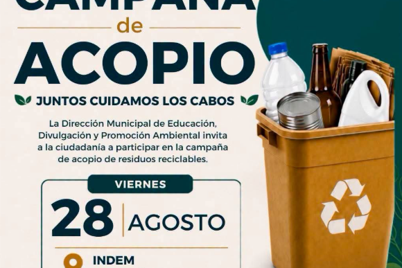 Poster promoting a waste collection campaign: '¡Súmate al cambio! Campaña de acopio' with a recycling bin and logos at the top corners.