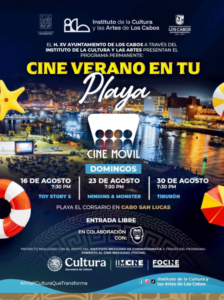 cine movil 5 Poster promocional de un cine de verano en la playa con títulos en amarillo y blanco y logos de instituciones; muestra fechas y ciudades.