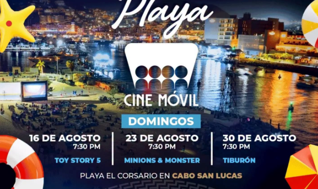 Poster promocional de un cine de verano en la playa con títulos en amarillo y blanco y logos de instituciones; muestra fechas y ciudades.