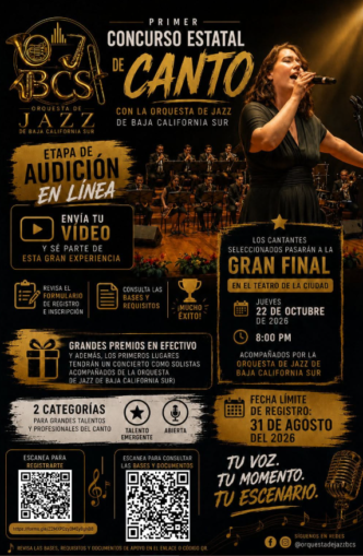 Poster promoting the Primera Concurso Estatal de Canto de la Orquesta de Jazz de Baja California Sur, featuring a singer on stage, event details, prizes, and registration QR codes.