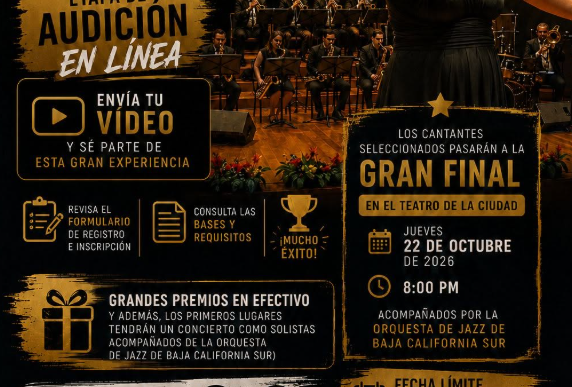 Poster promoting the Primera Concurso Estatal de Canto de la Orquesta de Jazz de Baja California Sur, featuring a singer on stage, event details, prizes, and registration QR codes.