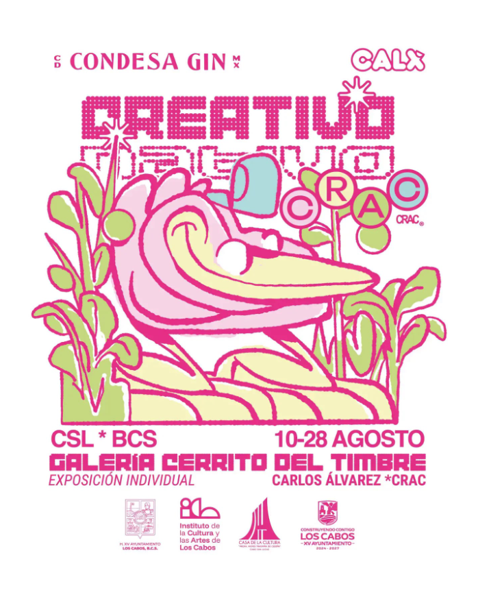 Poster advertising CRAC Creativo exhibition at Galería Cerrito del Timbre, 10–28 August, featuring a pink frog illustration among plants and sponsor logos.