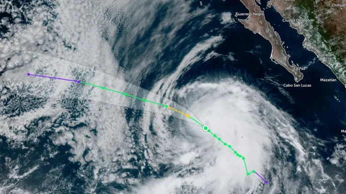 Satellite image of a hurricane off the western Mexican coast near Baja California, with the storm’s eye and spiral clouds visible and a colored forecast track overlay in purple, yellow, and green lines. Alternate: Storm with clear eye approaching Mexico’s Pacific coast; forecast path shown by multi-color lines.