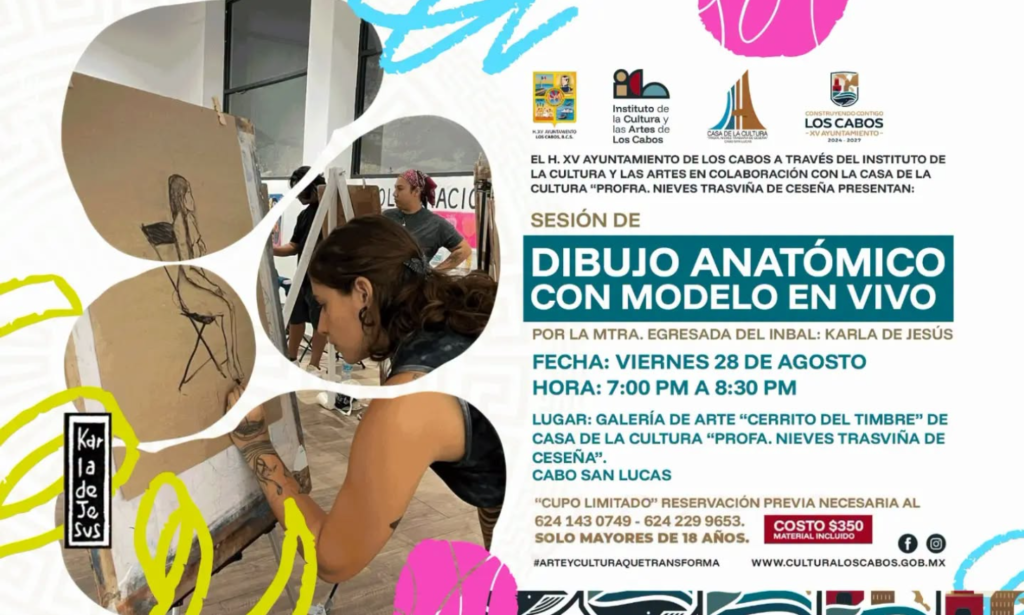 Promotional poster for a live anatomical drawing session titled 'Dibujo Anatómico con Modelo en Vivo' with event details in Spanish.