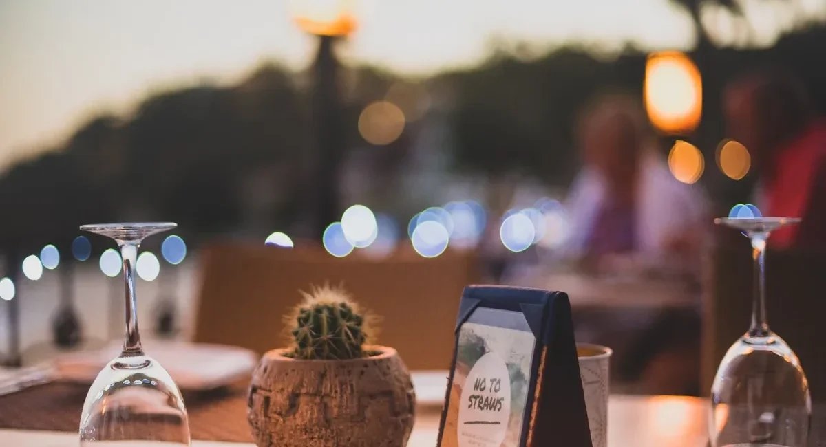 Table setting at a restaurant with a small cactus in a clay pot, a framed 'No To Straws' sign, and two inverted wine glasses; warm bokeh lights in the background.