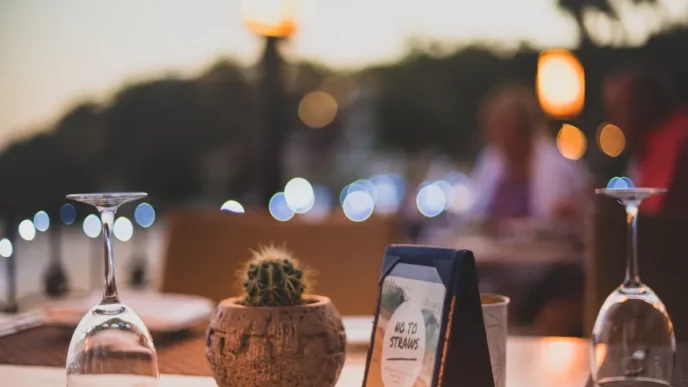 Table setting at a restaurant with a small cactus in a clay pot, a framed 'No To Straws' sign, and two inverted wine glasses; warm bokeh lights in the background.