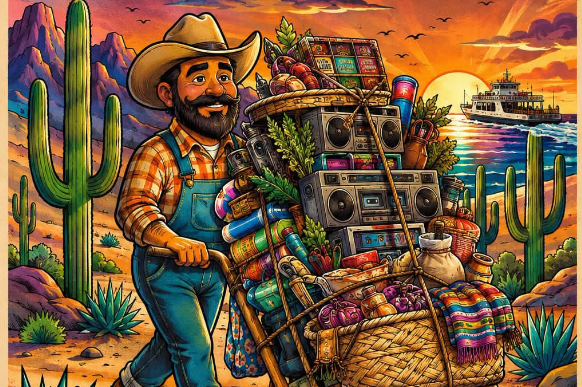 Colorful theater poster for 'El Fayuquero' featuring a smiling cowboy pushing a crowded wagon in a desert with cacti at sunset, promoting a play.