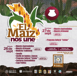 el maiz nos une Poster for 'El Maíz nos Une' festival with a Mexico map made of people icons, corn imagery, and the event schedule (gastronomy, crafts).
