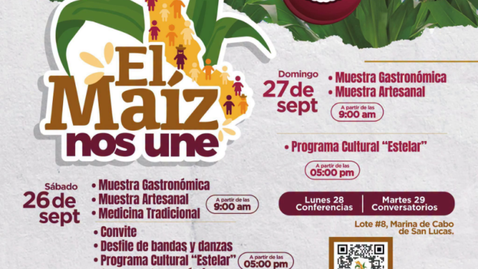 Poster for 'El Maíz nos Une' festival with a Mexico map made of people icons, corn imagery, and the event schedule (gastronomy, crafts).