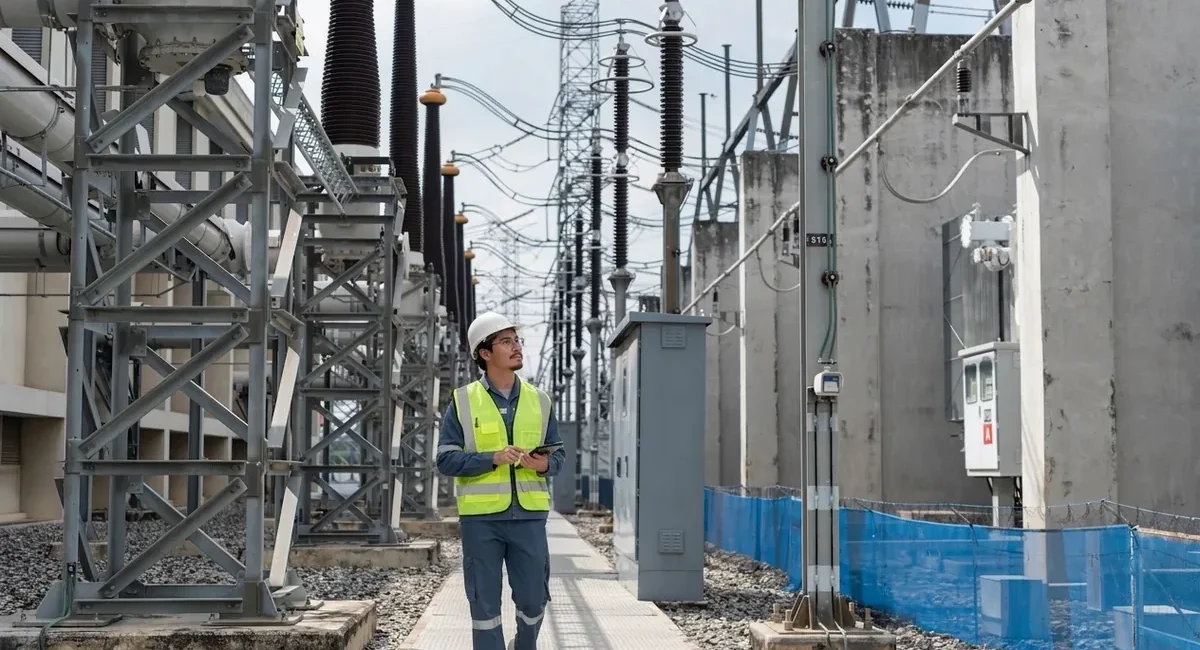 Utility worker in a hard hat and high-visibility vest walks between high‑voltage substation equipment and transformers.