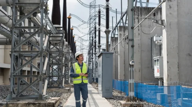 Utility worker in a hard hat and high-visibility vest walks between high‑voltage substation equipment and transformers.