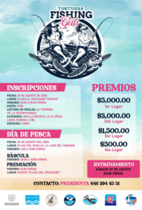 fishing girls Event poster for Tortugas Fishing Girls with two women fishing on turtles, prize details, and inscriptions schedule. Prizes: $5,000 first, $3,000 second, $1,500 third, $500 fourth; inscriptions Aug 29, 2026; training Aug 29 at 08:00; contact Presidenta 646 294 45 31.