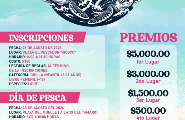 Event poster for Tortugas Fishing Girls with two women fishing on turtles, prize details, and inscriptions schedule. Prizes: $5,000 first, $3,000 second, $1,500 third, $500 fourth; inscriptions Aug 29, 2026; training Aug 29 at 08:00; contact Presidenta 646 294 45 31.