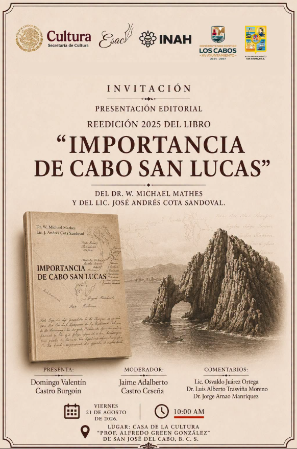 Invitación para la presentación editorial del libro 'Importancia de Cabo San Lucas' con imágenes de la portada y una roca marina, logos en la cabecera.
