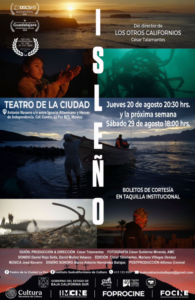 isleño Cartel de la obra Isleño en Teatro de la Ciudad, con puesta de sol sobre el mar y título vertical ISLEÑO; incluye fechas y horarios de funciones (20 de agosto 20:30 y 29 de agosto 18:00).