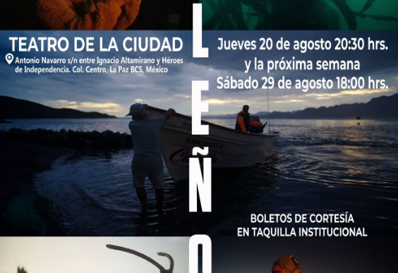 Cartel de la obra Isleño en Teatro de la Ciudad, con puesta de sol sobre el mar y título vertical ISLEÑO; incluye fechas y horarios de funciones (20 de agosto 20:30 y 29 de agosto 18:00).