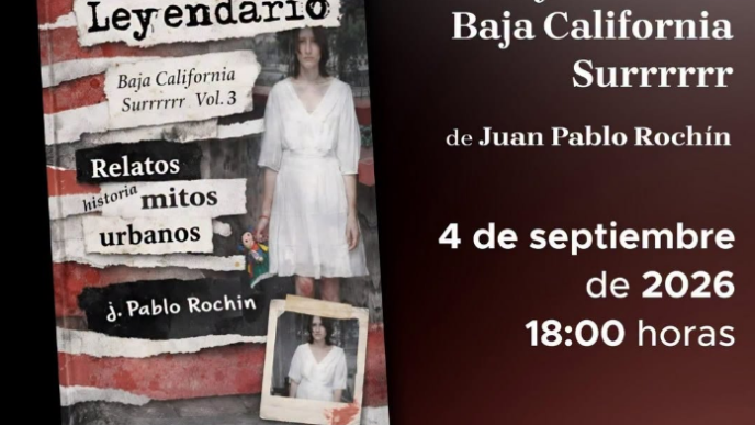 Cartel anunciando la presentación editorial de 'Leyendario' de J. Pablo Rochín, con fecha 4 de septiembre de 2026 a las 18:00 en la Casa del Libro Sudcaliforniano.