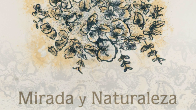 Event poster announcing Alfredo Rivera’s gráfica exhibition 'Mirada y Naturaleza' for August 2026 at Galería de Arte Carlos Olachea Bouscíeguez.