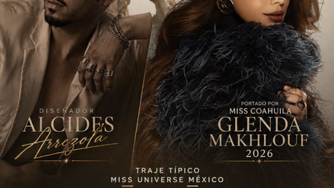 Poster for Miss Universe México 2026 featuring a male designer on the left and a glamorous female model on the right, with the word TEOCÓATL and event details in gold typography.