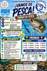 pesca en san hipolito Colorful poster for the 'Vamos de Pesca' fishing tournament with a jumping marlin, logos, and event details (date, time, fees, prizes).