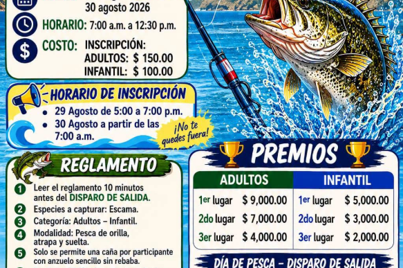 Colorful poster for the 'Vamos de Pesca' fishing tournament with a jumping marlin, logos, and event details (date, time, fees, prizes).