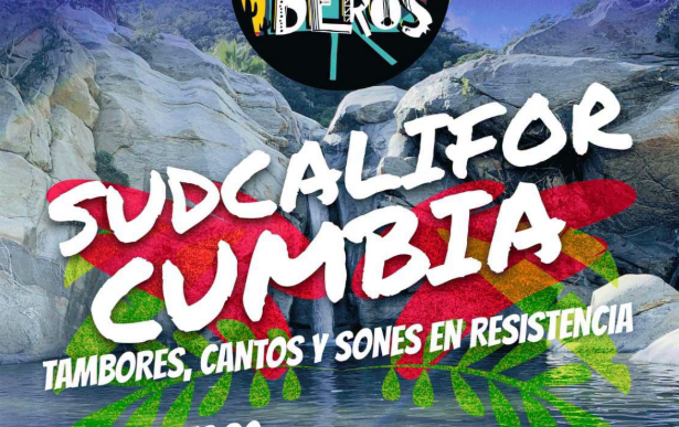 Colorful cultural event poster promoting a Los Cabos festival, with bold white text over a blue landscape and a circular logo, and the subtitle 'Tambores, cantos y sones en resistencia' along with partner logos.