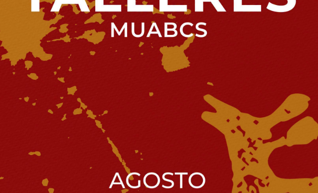 Poster for MUABCS workshop calendar, August 2026, with red–orange abstract background and logos at bottom.