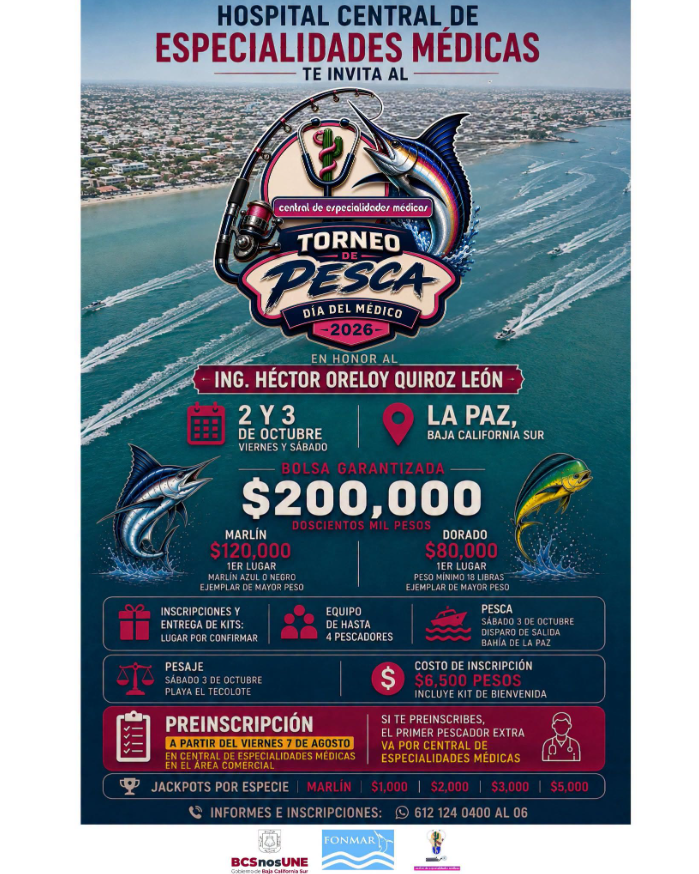 Poster for the 2026 Torneo de Pesca in La Paz (Baja California Sur) with a $200,000 prize, dates Oct 2–3, honoring Ing. Héctor Oreloy Quiroz León.