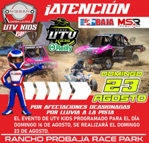 utv kids Promotional poster for UTV Kids race with race logos and vehicles; announces Domingo 23 de agosto at Rancho Baja Race Park.