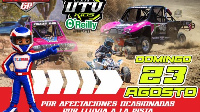Promotional poster for UTV Kids race with race logos and vehicles; announces Domingo 23 de agosto at Rancho Baja Race Park.