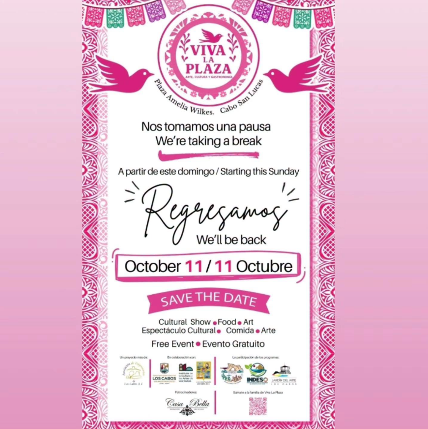 Bilingual event poster announcing a break and return on October 11, with a pink decorative border and 'Save the Date' banner.