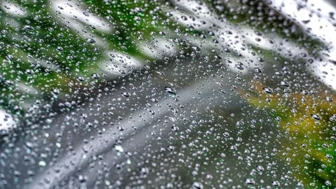 Close-up of raindrops on a car windshield with a blurred street and greenery in the background.
