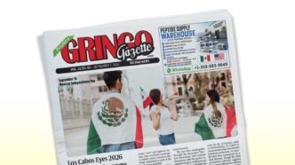 Tilted newspaper front page labeled 'Gringo Gazette' with people wearing Mexican flags at a celebration outside.