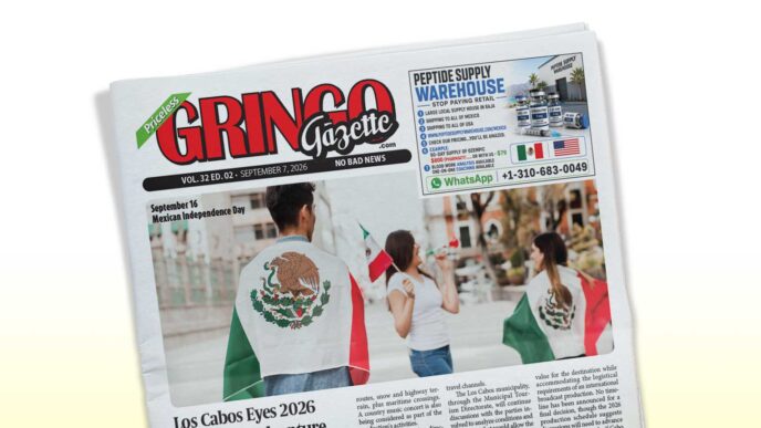 Tilted newspaper front page labeled 'Gringo Gazette' with people wearing Mexican flags at a celebration outside.