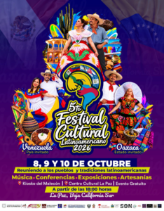 5 edicion del festival cultural latinoamericano Poster for the 5th Festival Cultural Latinoamericano 2026 with dancers in traditional outfits and colorful graphics; dates Oct 8–10 in La Paz, Baja California Sur, Mexico.