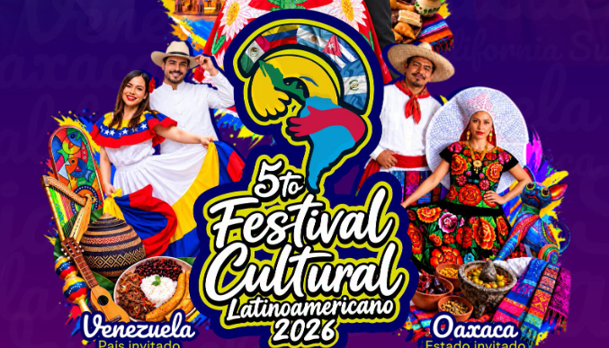 Poster for the 5th Festival Cultural Latinoamericano 2026 with dancers in traditional outfits and colorful graphics; dates Oct 8–10 in La Paz, Baja California Sur, Mexico.