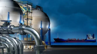 Industrial facility with large spherical storage tanks and extensive piping beside a dock.