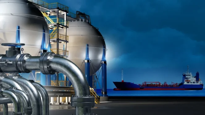 Industrial facility with large spherical storage tanks and extensive piping beside a dock.