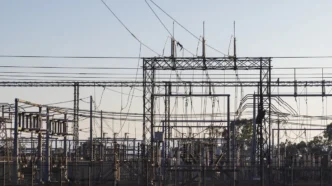 High-voltage electrical substation with metal lattice structures and a tangle of overhead power lines and insulators.
